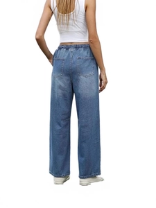 Women's light blue washed wide-leg denim jeans with back pocket detail on white background