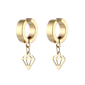 Detail of gold rhombus pendant clip-on earrings in polished stainless steel