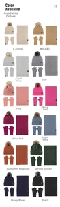 Detailed color chart of the 3-piece knitted winter set with pompom hat, scarf and gloves