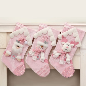 Pink Velvet Christmas Stockings With Santa Snowman Elk Sequin Decor Xmas Gift Bags Holiday Hanging Ornament Decoration