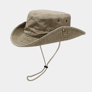 Khaki wide brim outdoor sun hat with metal eyelets and adjustable chin strap