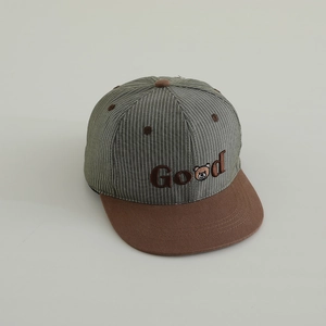 Detail of grey striped cap with brown brim and cartoon bear 'Good' embroidery