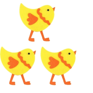 Set of three felt Easter chick decorations in yellow and orange on white background