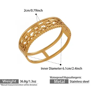 Detailed specs of gold stainless steel cuff bracelet with 2cm width and hollow chain design