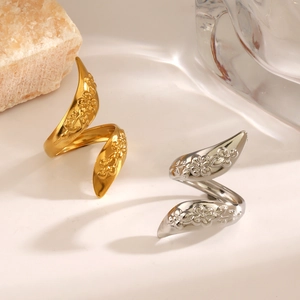 Elegant gold and silver vintage floral embossed stainless steel open rings for women