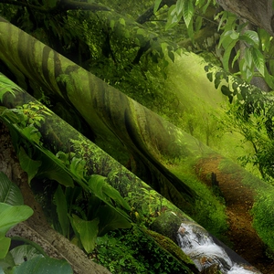 Detailed fabric texture of tropical rainforest tapestry with lush green leaves and waterfall