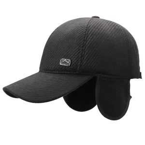Men's winter corduroy baseball cap with ear flaps and fleece lining in black color