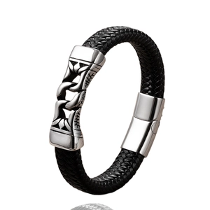 Men's woven black leather anchor bracelet with silver stainless steel magnetic clasp