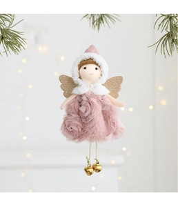 Close-up of pink angel plush with rose texture skirt and golden wings for Christmas