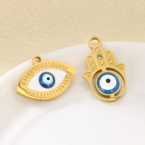 18K gold stainless steel Evil Eye and Hamsa palm pendants with blue enamel detailing