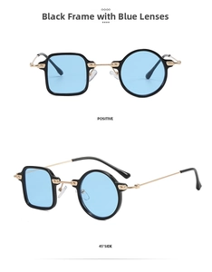Asymmetric sunglasses with black geometric frames, blue lenses, and golden metal temples