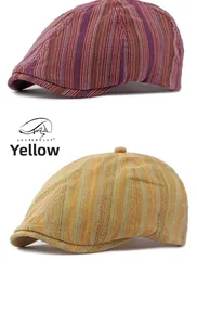 Détails du béret rétro à rayures en coton jaune et bordeaux de style britannique chic
