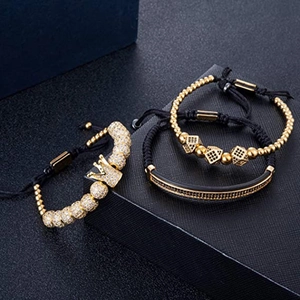 Men's luxury bracelet set with gold crown beads and black rhinestone accents