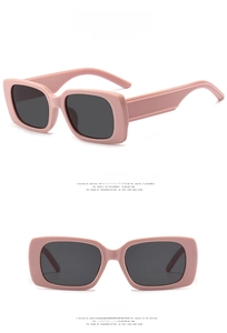 Detailed side and front views of trendy taro purple rectangular sunglasses with gray lenses