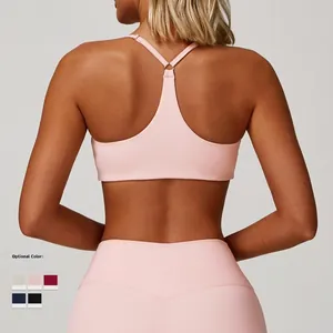 Pink brushed yoga bra with Y-back straps and matching high waist leggings set