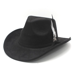 Classic black suede western cowboy hat with decorative feather and curved wide brim