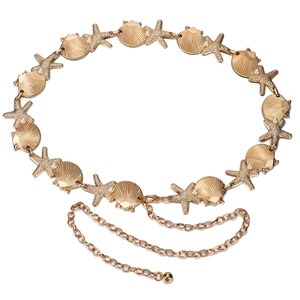 Bohemian gold waist chain with shell and starfish charms accented by small pearls
