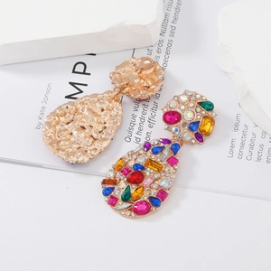 Retro bohemian gold teardrop earrings with colorful crystals and rhinestones