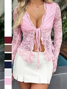 Top Sexy En Dentelle À Manches Longues Transparent Floral À Nouer Col En V Profond Y2K Crop Blouse Streetwear