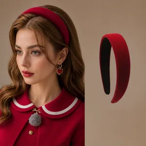 Classic red velvet headband for women with wide padded design to enhance hair volume