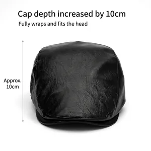 Classic black PU leather newsboy cap with textured finish and 10cm depth design