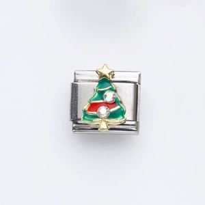Italian modular charm in stainless steel featuring a green Christmas tree with rhinestones