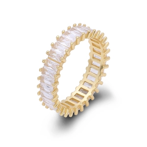 Golden S925 sterling silver eternity band with rectangular cubic zirconia crystals