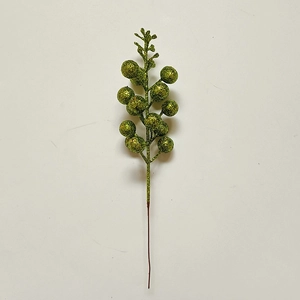 Detailed view of green glitter artificial berry stems for Christmas tree and DIY crafts