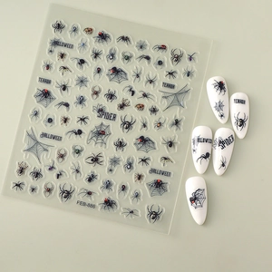 Macro detail of 3D embossed spider web nail stickers and decals for Halloween nail art