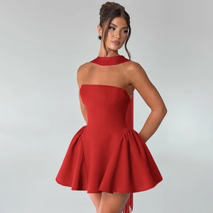 Elegant red tube mini dress with matching choker and flared skirt in premium fabric