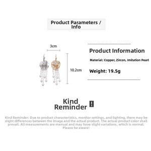 Detail showing pearl tassel earrings dimensions 10.2cm length with zircon accents