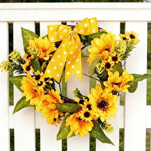 Artificial Sunflower Wreath Satin Cloth Flower Door Wall Hanging Wedding Party Home Decor With Polka Dot Ribbon