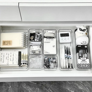 Transparent acrylic drawer organizers in various sizes for stationery and desk storage