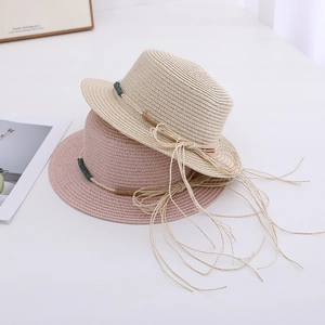Girls wide brim straw sun hat with bohemian tassels in cream and pink colors