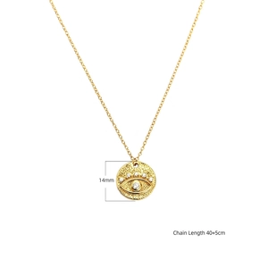 Gold evil eye pendant necklace with hammered texture and 40+5cm adjustable chain length