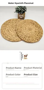 Macro detail of hand-woven water hyacinth placemat showing natural fiber texture and pattern