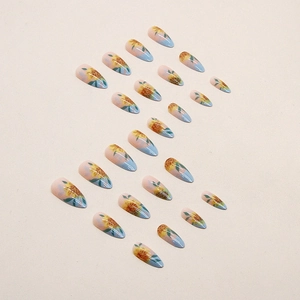 Almond sunflower press-on nails with blue and orange hand-painted floral design