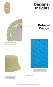 Detailed view of reinforced stitching and curved brim design on a cotton bucket hat