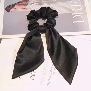 French style black satin oversized scrunchie with long bow streamers and elegant finish