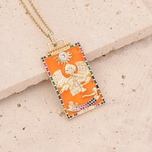 Golden Tarot Judgement pendant necklace with orange enamel and colorful gemstones