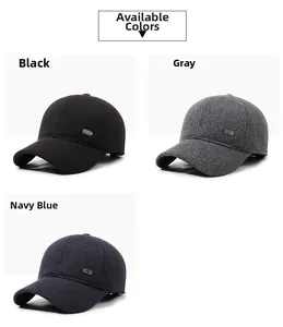 Close-up of winter baseball caps in black, grey, and navy with textured wool fabric