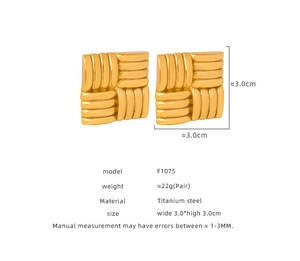Detailed view of woven texture square gold titanium steel earrings measuring 3.0cm by 3.0cm