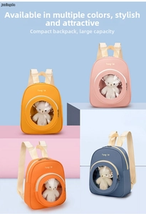 Detail view of colorful mini toddler backpacks with clear windows and plush bears
