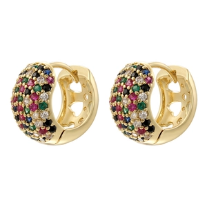 Luxury gold hoop earrings with colorful zircon pavé and hollow heart design details