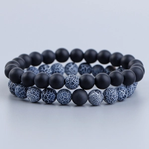 8mm lava rock and white turquoise elastic bracelet set for couples in matte black and blue