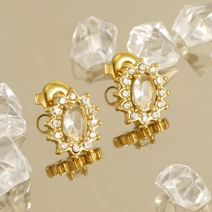 Golden sunflower earrings with clear cubic zirconia center stone in a luxury double-layer design