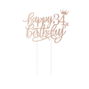 Detail von roségold glitzerndem Happy 34th Birthday Kuchendekor mit Krone und Sternen