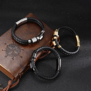 Three multi-layer braided leather bracelets with gold, silver, and grey magnetic clasps