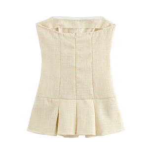 Schickes beiges Tweed-Trägertop mit Schößchen, Reißverschluss hinten und Falten