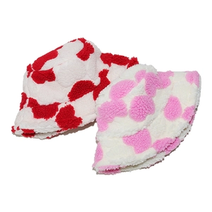 Winter faux lamb wool cow print bucket hats in pink and red plush for women
